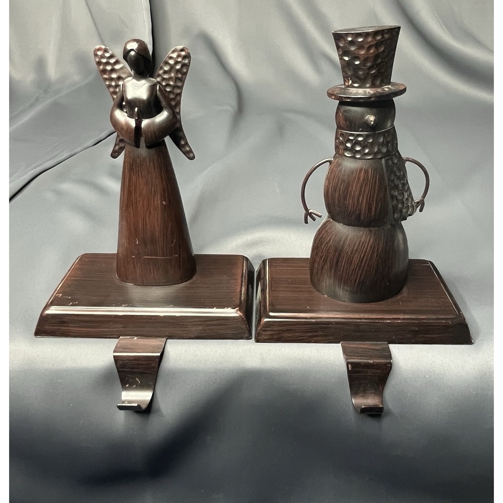 Pair Of Vintage Brass Choir Angel And Snowman Stocking Hanger/Holder.
